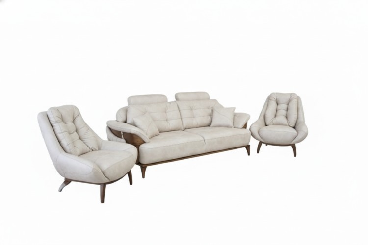 Комплект мягкой мебели "Вистерия" бежевый с деревянными элементами.