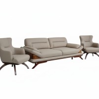 Комплект мягкой мебели "Бруния" (диван и 2 кресла) бежевый с деревянными элементами.