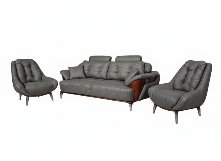 Комплект мягкой мебели "Вистерия" серый с деревянными элементами.