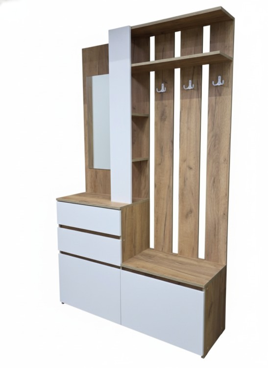 Прихожая модульная "Некст 1 нн" вешалка с зеркалом и ящиками, дуб крафт золотой/белый.