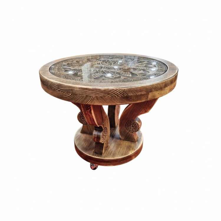 Журнальный столик "Кельтский узор" с резной столешницей и стеклом.