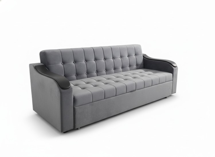 Диван-кровать "Комфорт" серый велюр с деревянными подлокотниками.