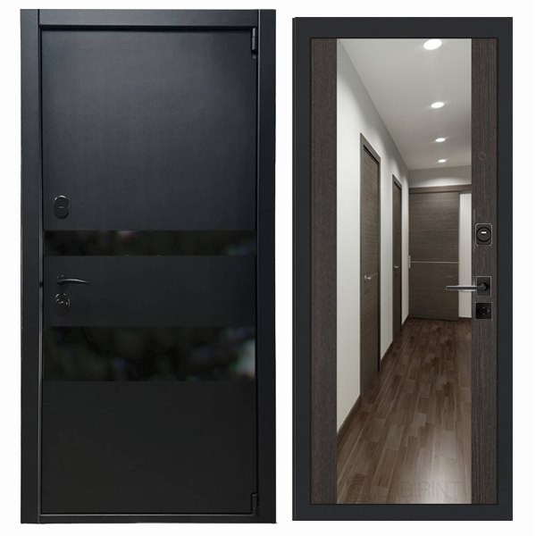 Входная дверь металлическая Горизонт с панелью Н-108 (дуб серый) с зеркалом