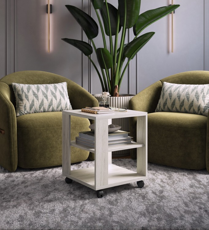 Журнальный столик на колесиках "КУБ", 45х45х49 см. ЛДСП 22 мм. Дуб крафт белый
